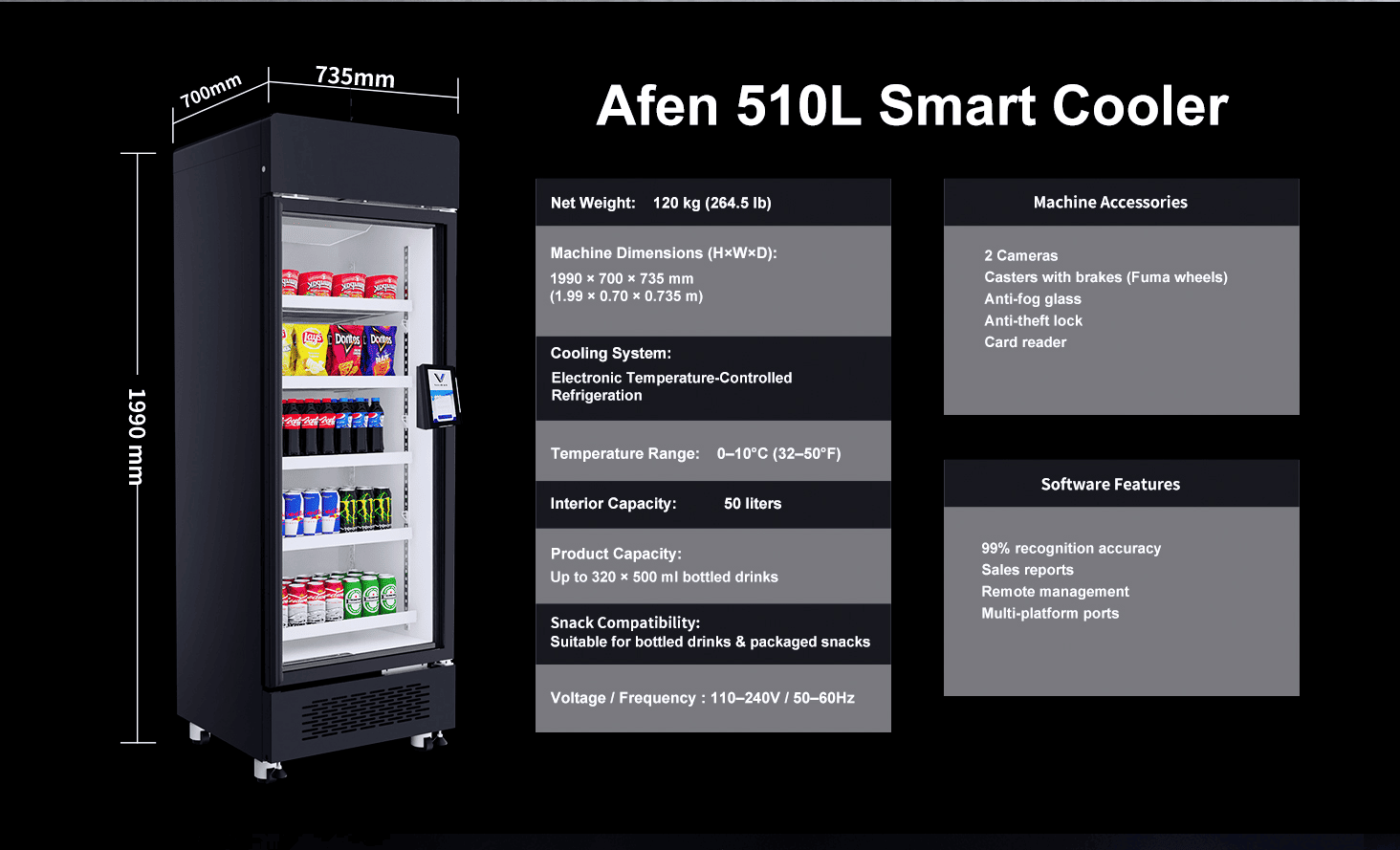 AFEN Smart Cooler AI Vending Machine 510L Димензије и капацитет Капацитет складиштења велике густине AFEN AI аутомата за продају максимизира повраћај улагања у малопродају у компактном простору